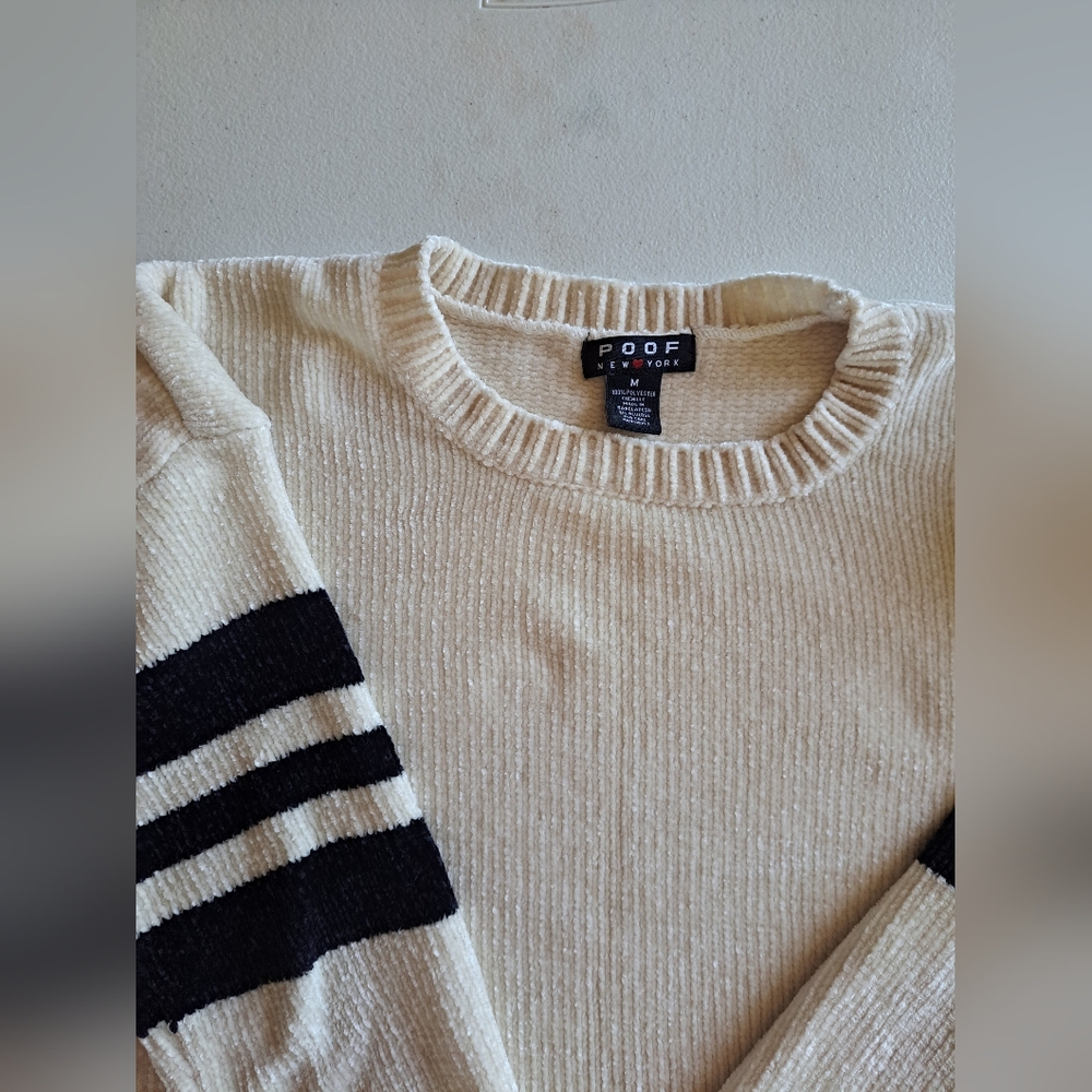 POOF New York Cream Sweater with Black Sleeve Stripes - Picture 2 of 4